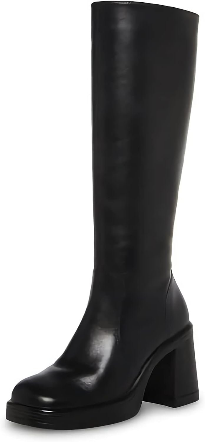SOVANYOU Black Leather Boots Platform Boots for Women Fashion Square Toe Chunky Block Heeled Boots Side Zip