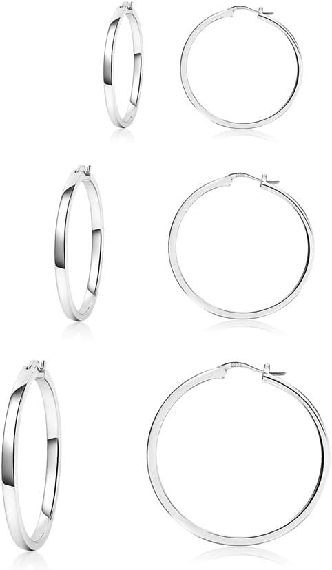 925 Sterling Silver Hoop Earrings Hypoallergenic 3 Pairs Hoops Earring Set