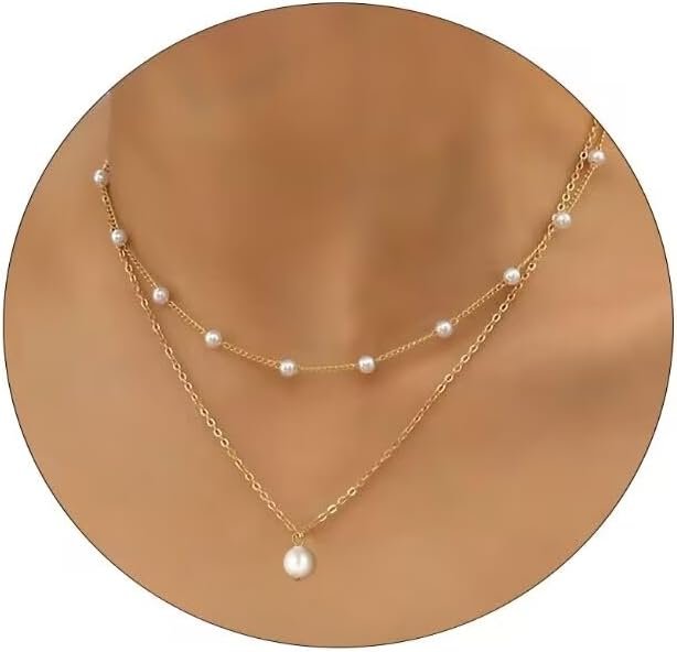 Gold Pearl Necklace For Women – 14K Gold Plated Layered Herringbone Chain Pearl Necklace, Trendy Simple Gold Jewelry Gift
