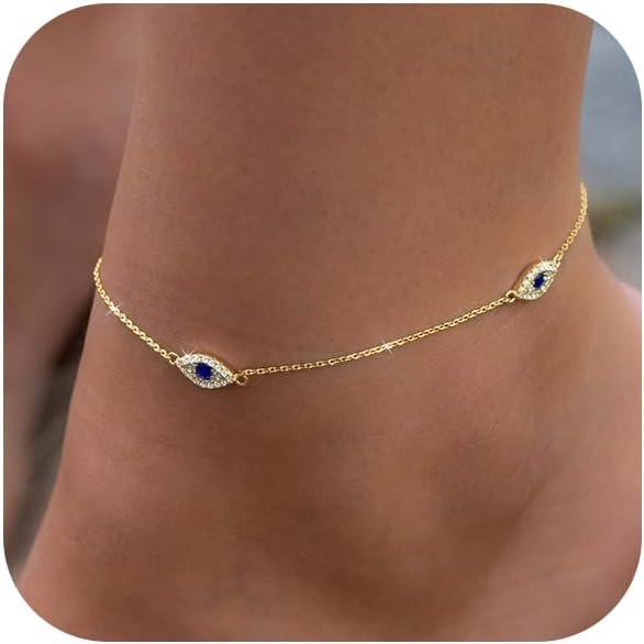 Rotnso Ankle Bracelets for Women 14K Gold Plated Evil Eye Anklet Waterproof | Non Tarnish Diamond Beaded Chain, Adjustable 8.3″-10.3″, Trendy Boho Dainty Cute Summer Beach Bikini Foot Jewelry Gift