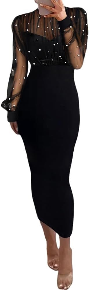 CHICME Women’s Sexy Bodycon Midi Dress Mock Neck Long Sleeve Sheer Dresses Beaded Night Club Party Dresses