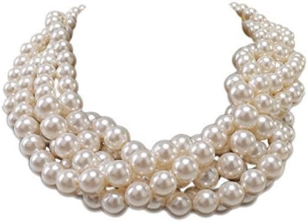 Kalse Simulated Pearl White Beads Cluster Statement Chunky Bib Short Choker Necklace 16 17 18 inch