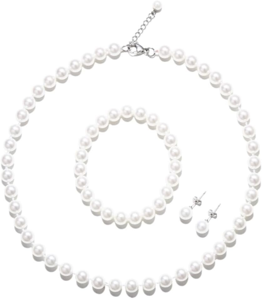 8mm Pearl Jewelry Set for Women & Girls, Necklace Bracelet Earrings