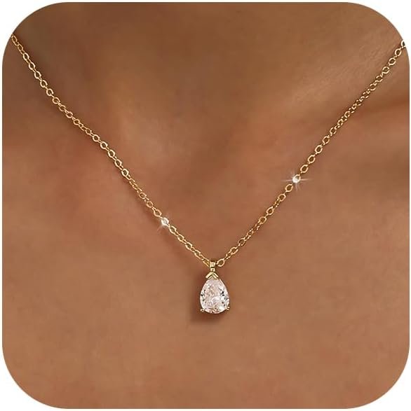 Gold Silver Necklace for Women, Dainty Cubic Zirconia Pendant