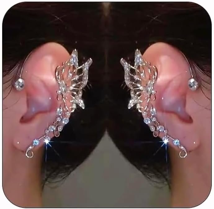 2Pcs Butterfly Ear Cuffs Rhinestone Clip On Earrings | Rhinestone butterfly ear cuffs with non piercing clip on design; silver ear wrap climber jewelry for parties and weddings