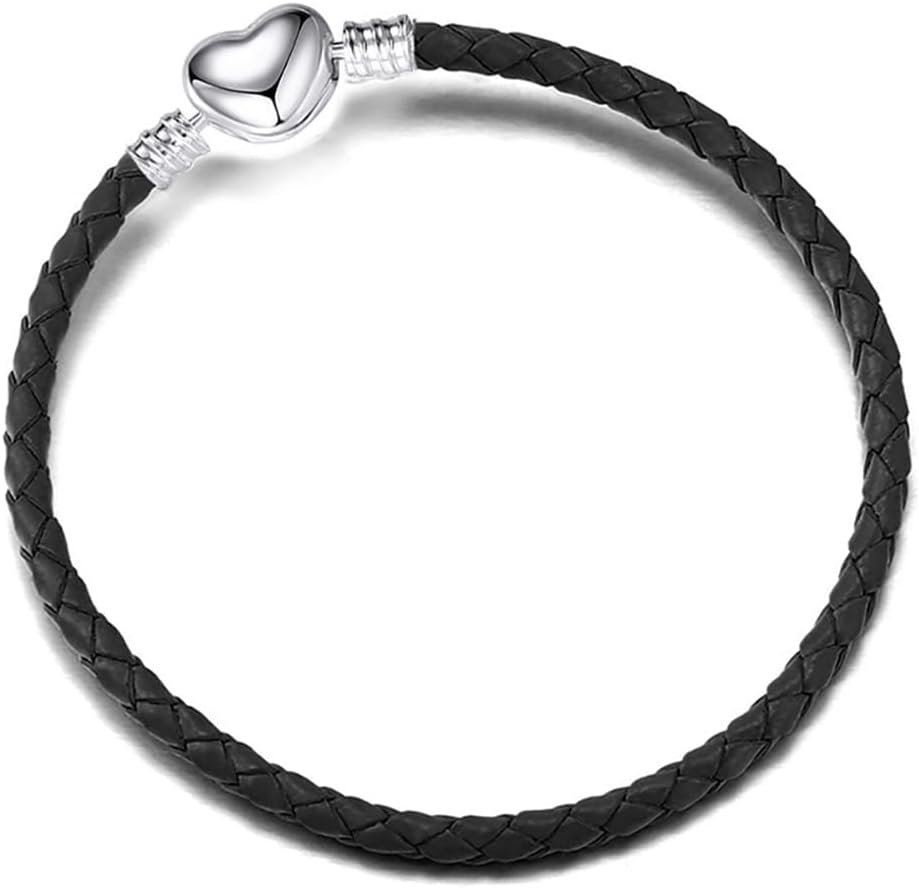 3mm Leather Charm Bracelet Heart Barrel Snap Clasp Handmade Braided Wristband for European Pandora Charm Bead Multiple Sizes 16-21CM