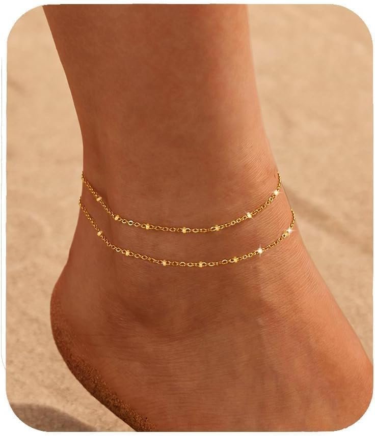 Nanafast Ankle Bracelets for Women, 14k Gold Plated Ankle Bracelet for Women, Cute Dainty Anklets, Adjustable Beach Jewelry