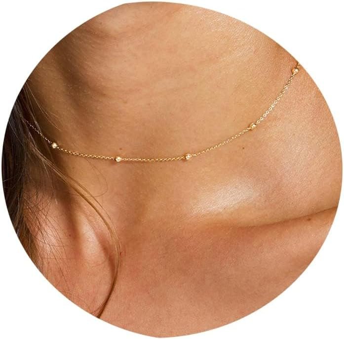 Tewiky Gold Chain Necklace for Women, Thin Beaded Wave Box Necklace