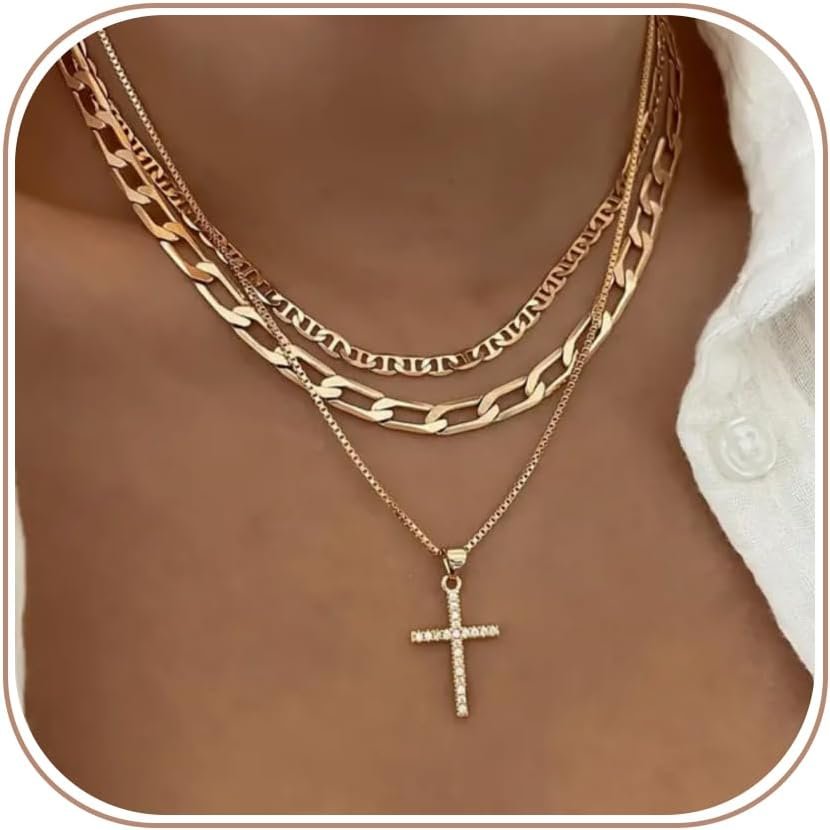 Cross Necklace for Women Stack 14K Gold/Silver Plated Layered Necklace