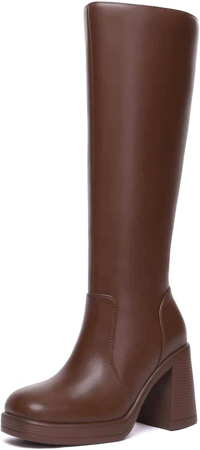 Athlefit Knee High Boots Women Wide Calf Platform Boots with Side Zipper