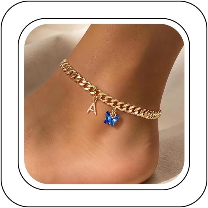 Ankle Bracelets for Women Waterproof – Initial Butterfly Gold Anklet | 14K Gold Plated, Crystal Butterfly Initial Anklets for Women, Adjustable Cuban Link Chain, Non Tarnish Summer Beach Jewelry