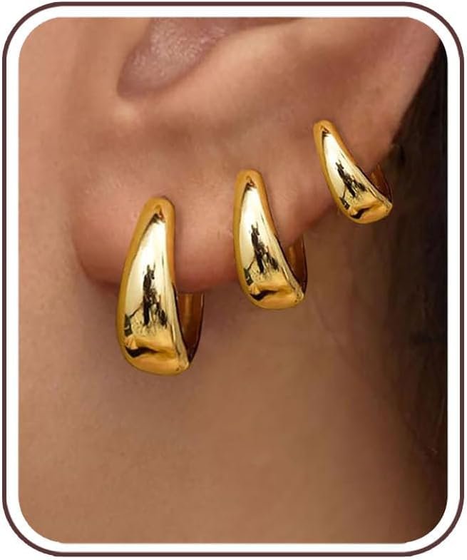 3 Pairs Gold Hoop Earrings Set for Women Trendy Chunky Small Huggie Jewelry