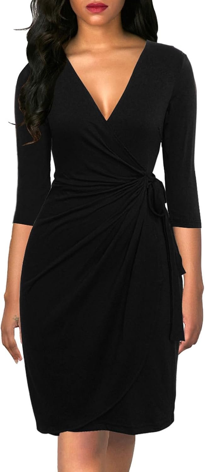 Berydress Women’s 3/4 Sleeve V Neck Casual Party Work Faux Black Wrap Dress