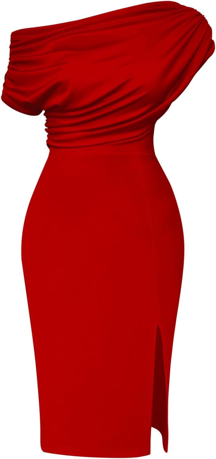 Memoriesea Women’s Elegant Off Shoulder Split Hem Bodycon Ruched Midi Club Party Dress
