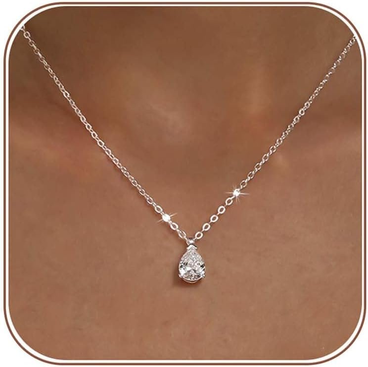 Gold Silver Necklace for Women, Dainty Cubic Zirconia Pendant
