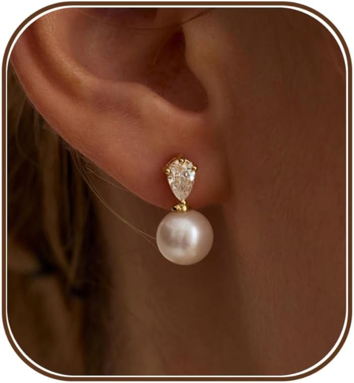 Gold Pearl Earrings for Women, Dainty Wedding Bride Earrings 14K Gold Plated Pearl Drop Earrings for Women Trendy Formal Pearls Earring Cute Hoco Prom Pearls Jewelry