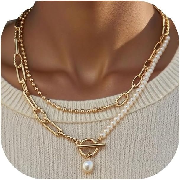 Chunky Gold Pearl Layered Chain Necklace for Women, 14K Toggle Clasp
