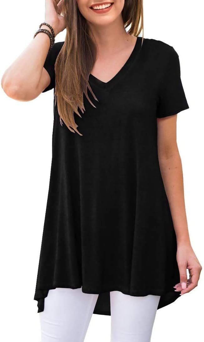 POPYOUNG Women’s Long Tunic Tops to Wear with Leggings Summer Short Sleeve Loose Fit Dressy Shirts M-5XL