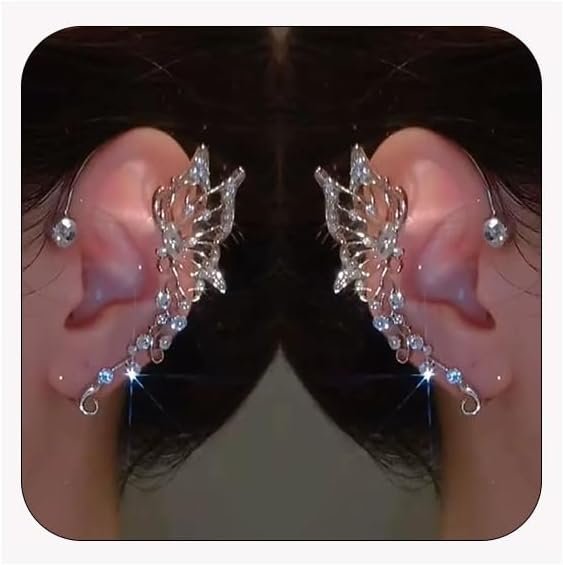 2 PCS Butterfly Ear Cuff Fairy Wing Cuff Wraps Vintage Non-Piercing Fake Earrings for Women Bridal Wedding Party Prom Ball Jewelry Crystal Rhinestone Sparkling