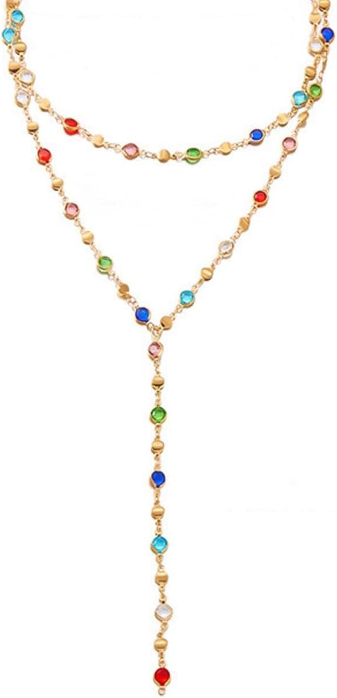 Colorful Necklace for Women,Gold Body Chain Jewelry Long Multicolor Beaded Choker Necklaces Rhinestone Drop Necklace,Festival Jewelry Accessories Gift