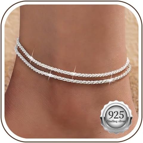 Kenivira Sterling Silver Ankle Bracelets for Women,Gold Dainty Layered Waterproof Anklet for Women, Anklet Set Stackable Beach Gift Adjustable Size