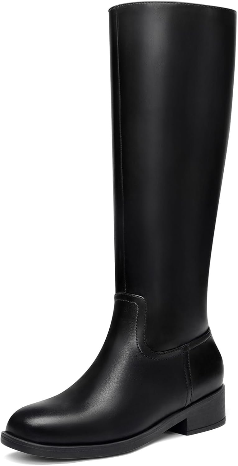 Knee High Boots for Women Flat Tall Fall Boots | PU Leather/Faux Suede, Flat Chunky Heel, Square Toe, Side Zipper, Easy On and Off, Long Walking, Standing, Women Fall Winter