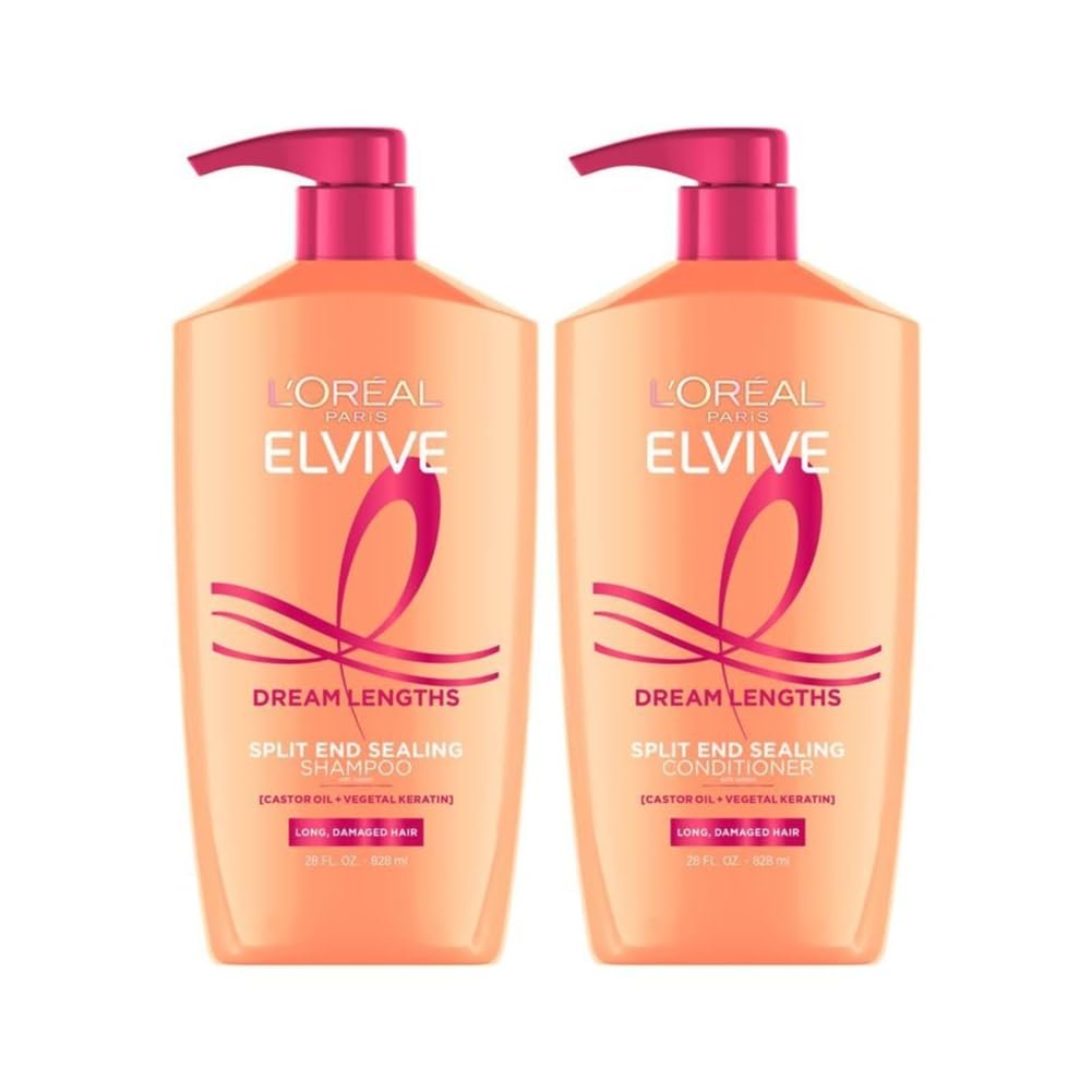 L’Oreal Paris Elvive Dream Lengths Shampoo and Conditioner Set, Seals Split Ends, Hydrating & Strengthening Hair Repair, Fine Castor Oil and Vitamins B3 and B5, 56 Fl Oz Set