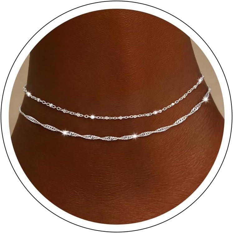 Moodear Ankle Bracelets for Women 14K Silver Plated Layered Chain Anklets | Waterproof Non Tarnish Adjustable Double Layer Anklet with Satellite Bead Chain Design for Summer Beach Jewelry Gift