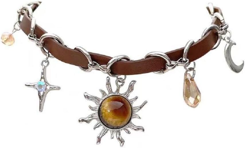 Gothic Boho Celestial Sun Choker Brown leather Choker Bohemian Goth Necklace Star Rhinestone Halloween Christmas Jewelry Gift For Women