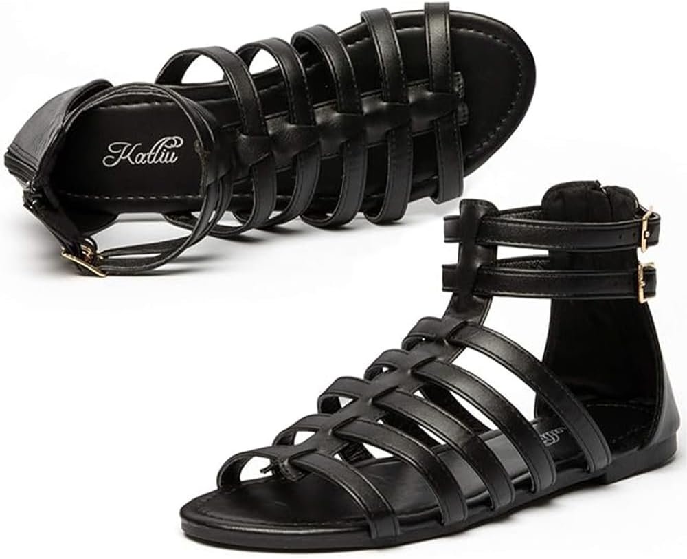 katliu Women’s Gladiator Sandals Strappy Flat Sandals Two Ankle Buckle