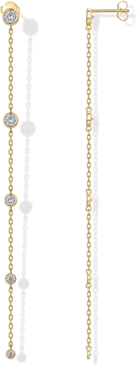 PAVOI 14K Gold Plated Station Linear Dangle Earrings for Women, CZ Earrings | Hypoallergenic Earrings with 925 Sterling Silver Posts, Simulated Diamond Chain Drop Earrings