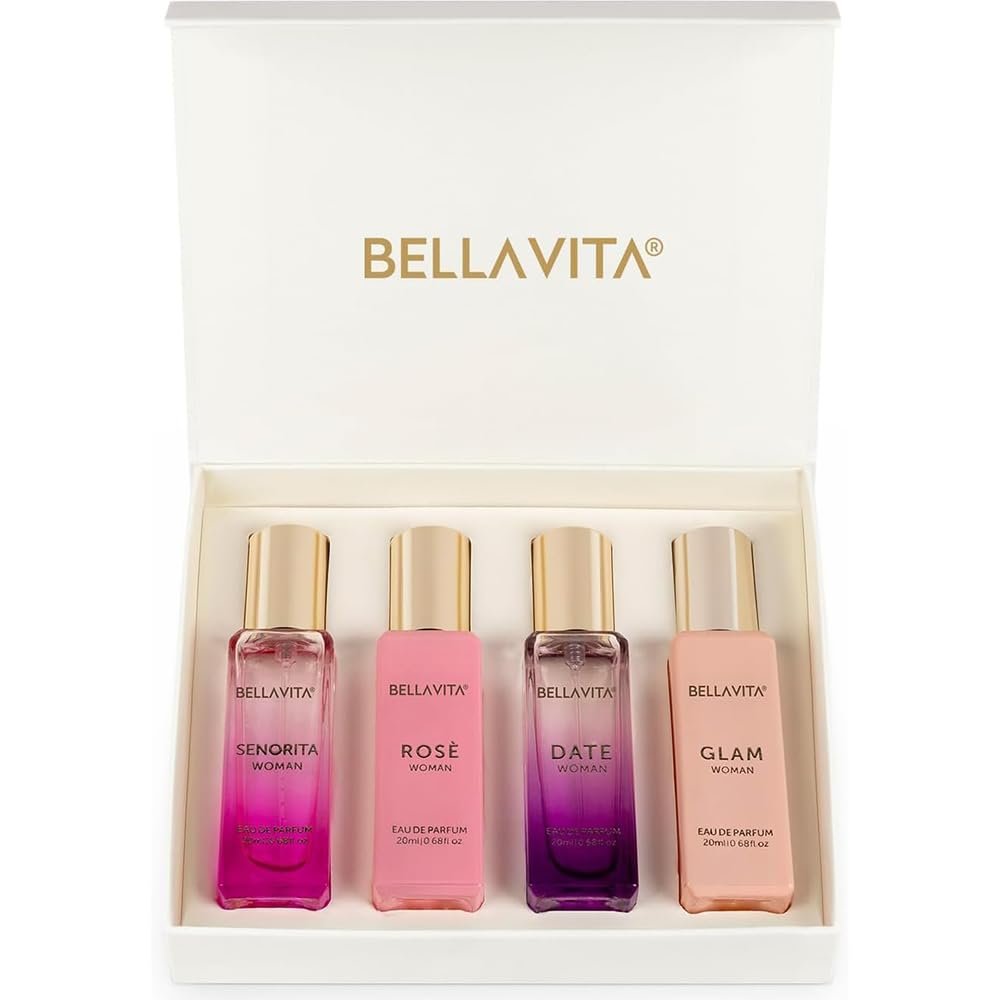 Bellavita Luxury Women’s Perfume Gift Set with Rose, Senorita, Date, and Glam | 80ml | Perfume for Women | Pink Pepper, Yuzu and Floral Peach | Long Lasting Fragrance