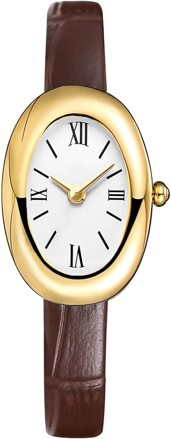MASTOP Bracelet Watch for Women – Elegant 24mm Oval Dial Bangle Watch | Gold Jewelry Style Quartz Wristwatch, Dainty Vintage, Brown Black Leather Stap for Ladies