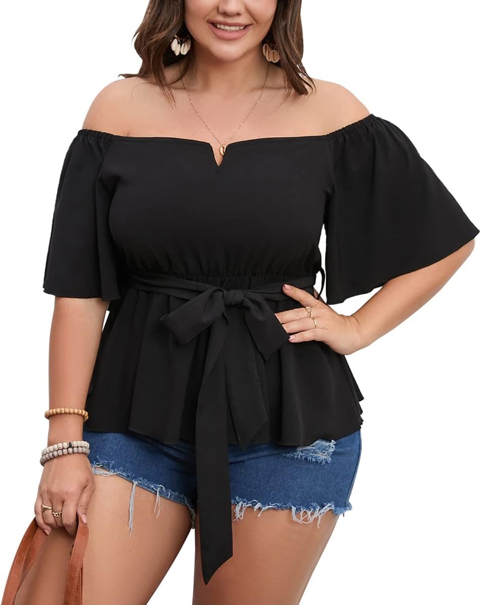 SCOMCHIC Women’s Plus Size Off The Shoulder Peplum Blouse Top Half Bell Sleeve Tie Waist Ruffle Hem Babydoll Tops