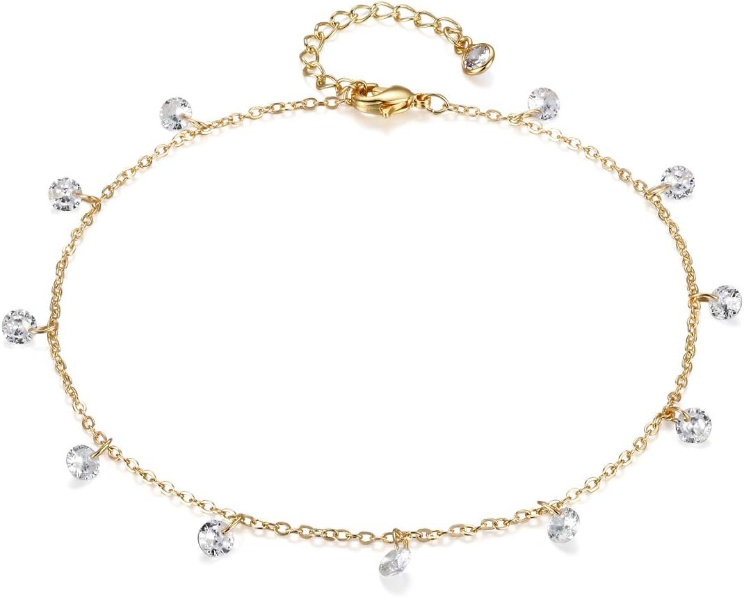 LOYATA Dainty Ankle Bracelet,14K Gold Plated Tiny Bead Anklet Dainty White Cubic Zirconia Cross Tassel Foot Chain Cute Lucky Moon Evil Eye Foot Jewelry Boho Anklets for Women