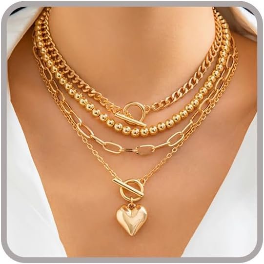 Otxas Layered Gold Necklaces for Women Non Tarnish Chunky Necklace | Stacked Necklaces for Women Heart Pendant Toggle Necklace Paperclip Chain Necklaces for Daily Wear, Party, Gift