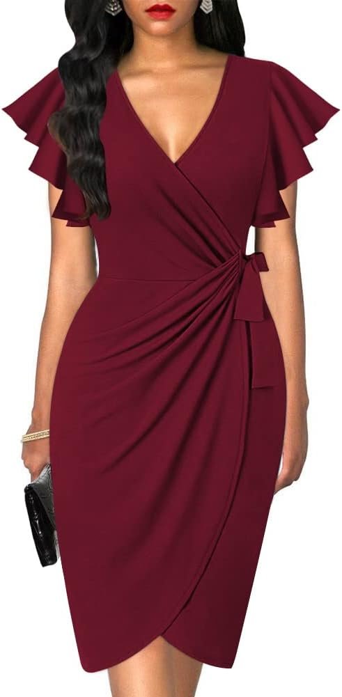 oten Womens Deep V Neck Ruffle Sleeves Cocktail Work Faux Wrap Dresses