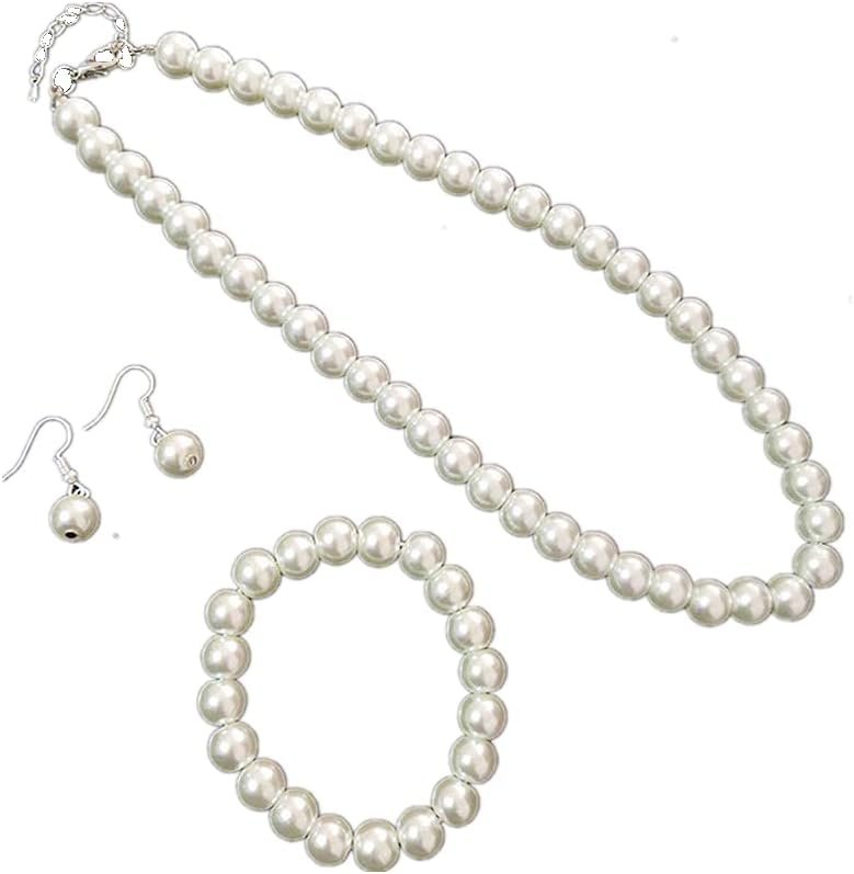 tenghong2021 Fashion Classic Faux Pearl Jewelry Set Necklace Bracelet Earrings for Women Best Gift