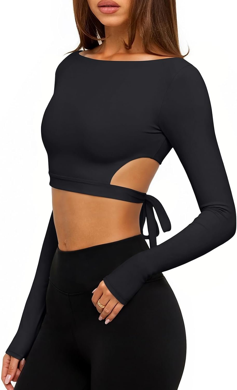 LASLULU Womens Double Lined Long Sleeve Workout Crop Tops Tie Back