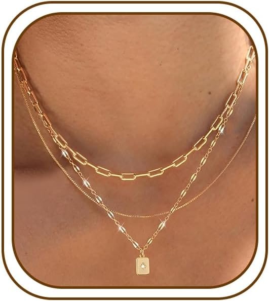 Layered Gold Necklaces for Women, 14K Plated Dainty Stackable Pendant Set
