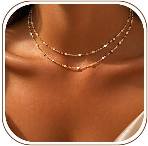 Warshion 14K Gold Plated Layered Necklaces for Women Dainty Choker Necklace Simple Trendy Cute Layered Charm Chain Jewelry for Gifts