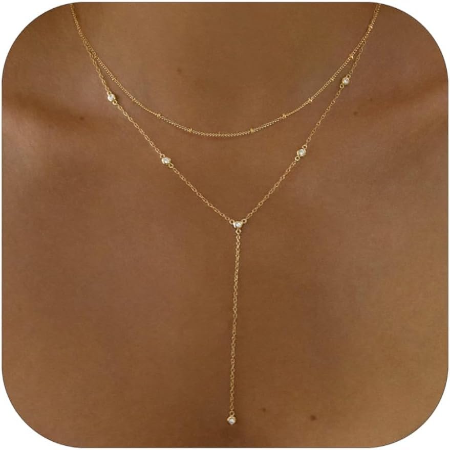 Gold Necklace for Women, Dainty Long Necklace 14k Gold Plated Lariat Long Necklaces for Women Trendy Simple Statement Drop Necklace Fashion Body Chain Prom Jewelry Gold Accessories