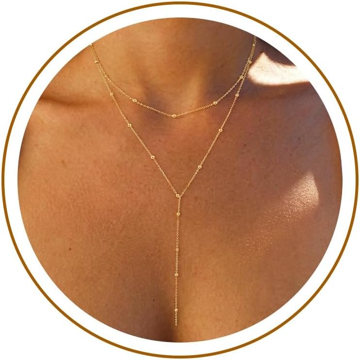 Foxgirl Lariat Gold Necklace for Women, Dainty Long Necklace 14k Gold Plated/Silver Y-Shaped Pendant Necklace Trendy Layered Cz Beaded Chain Drop Necklaces Simple Gold Jewelry For Women Gift