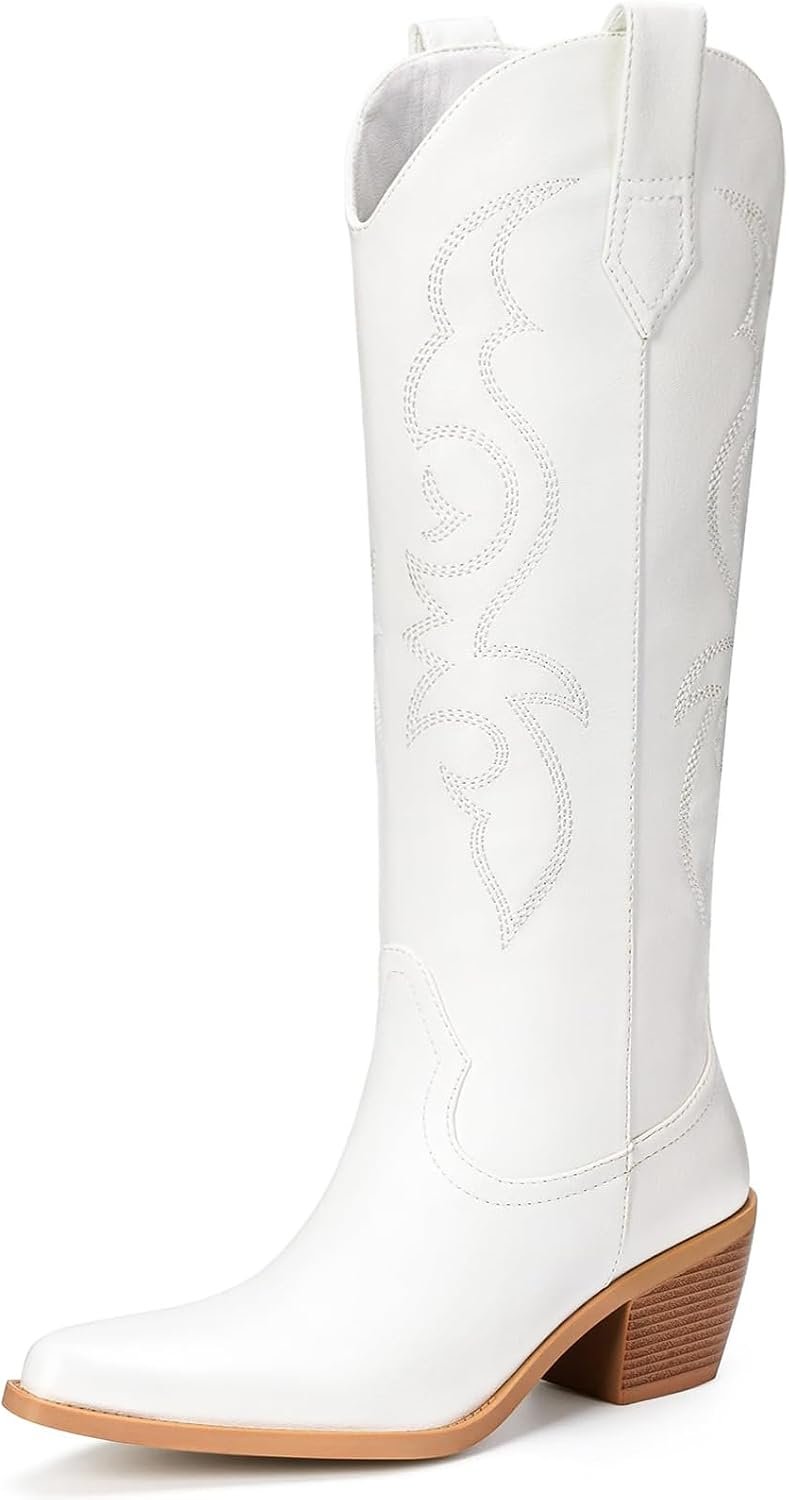 White Cowboy Boots for Women – Wide Calf Rhinestone Cowgirl Boots, Women Knee High Western Boots, Glitter Sparkly Ladies Tall Boots with Classic Embroidery and Side Zipper, Retro Classic Country Boots Pull On for Ladies