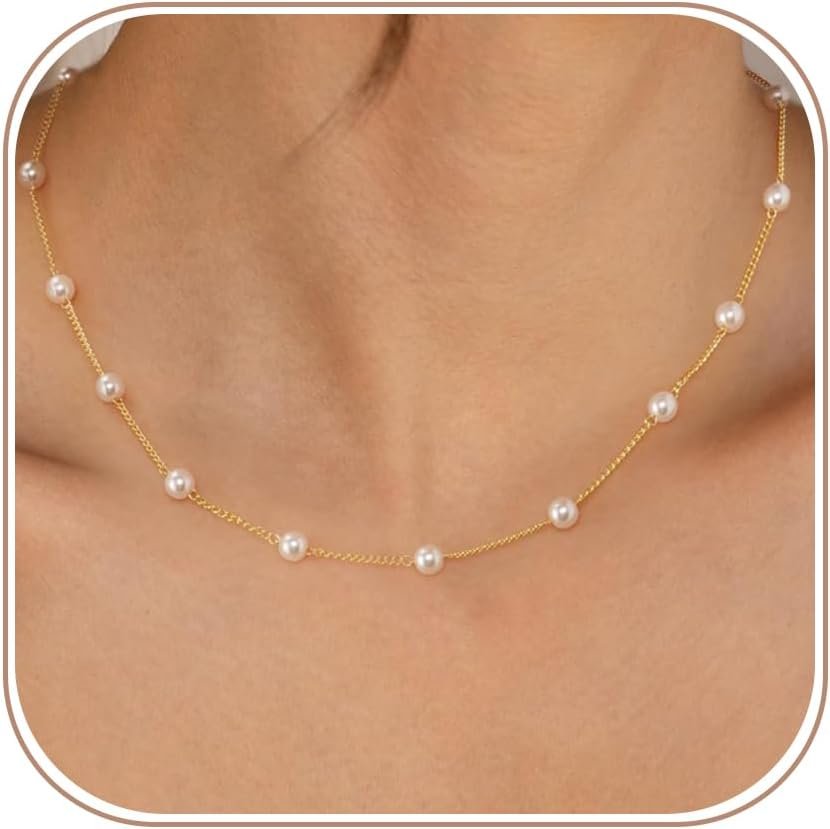 Pearl Necklaces for Women 14K Gold Plated Wedding Choker Necklace