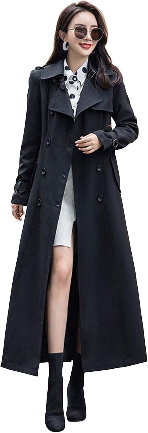 ebossy Women’s Double Breasted Duster Trench Coat Slim Long Sleeve Overcoat