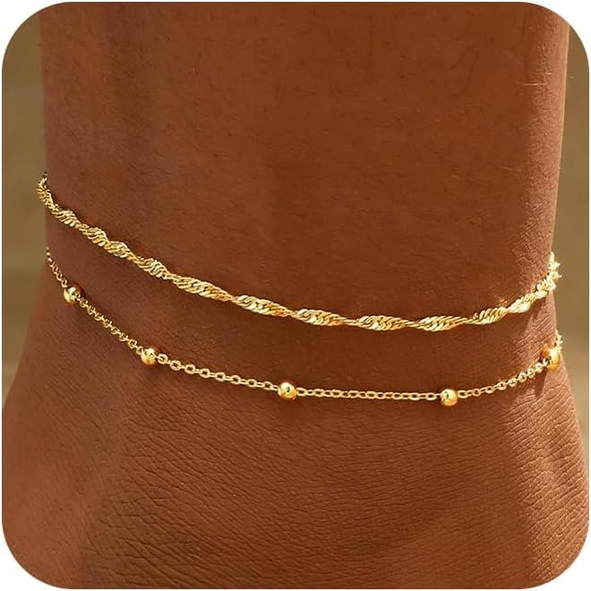 2/3 PCS Gold Anklets for Women Waterproof Cuban Link Anklet Beaded Bracelets Stackable Bracelets 14K Gold Plated Custom Jewelry Gifts Non Tarnish Lightweight