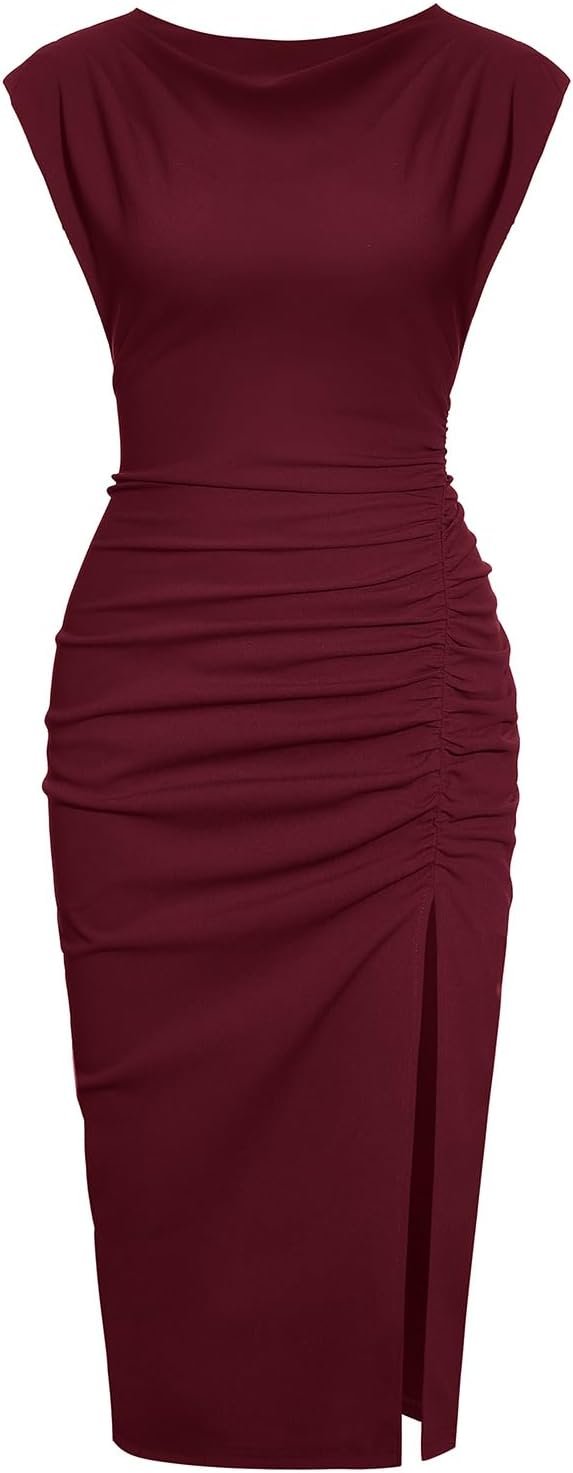 ihot 2026 Women’s Mock Neck Side Slit Ruched Bodycon Cocktail Party Wedding Guest Midi Dress
