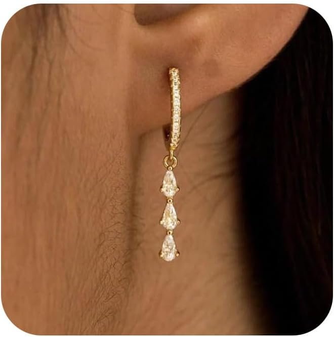 Gold Earrings for Women,Dainty Dangle Earring 14K Gold Plated Statement Drop Dangle Earrings for Women Trendy Hypoallergenic Long Huggie Hoop Earring Small Formal Prom Fashion Hoco Jewelry