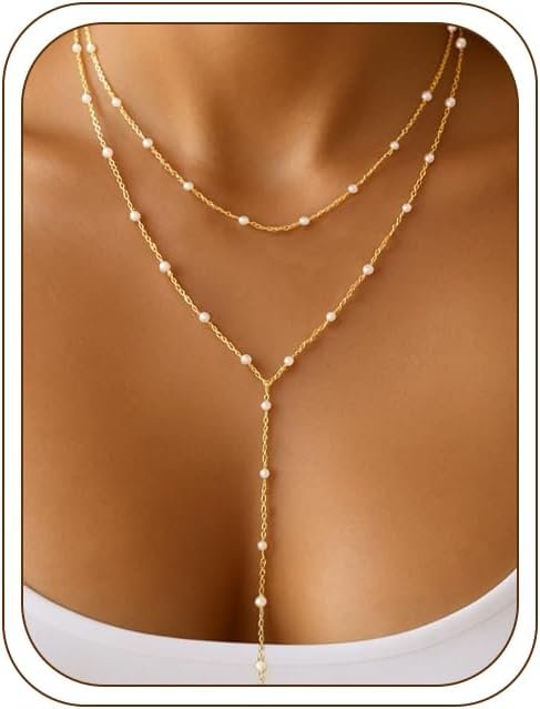 HAXIYA Gold Pearl Y-Shaped Necklace for Women Layered Lariat Long Pendant